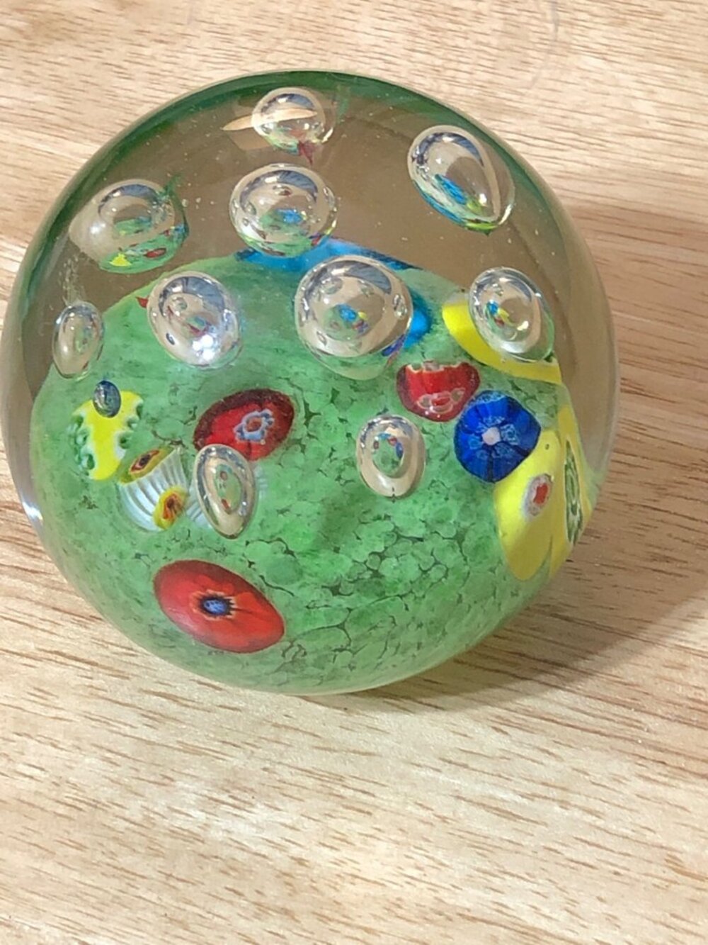 Paperweight Art Glass Millefiori Floral Green Clear Bubble Sphere 4"x3"